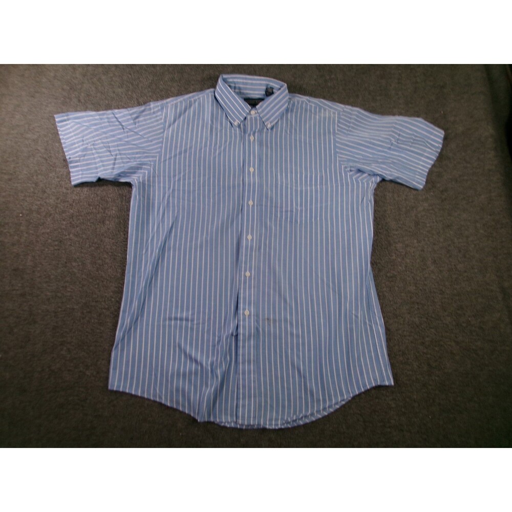 Lands End Shirt Men 16.5 Blue Stripe Casual Short Sleeve Classic Office Preppy